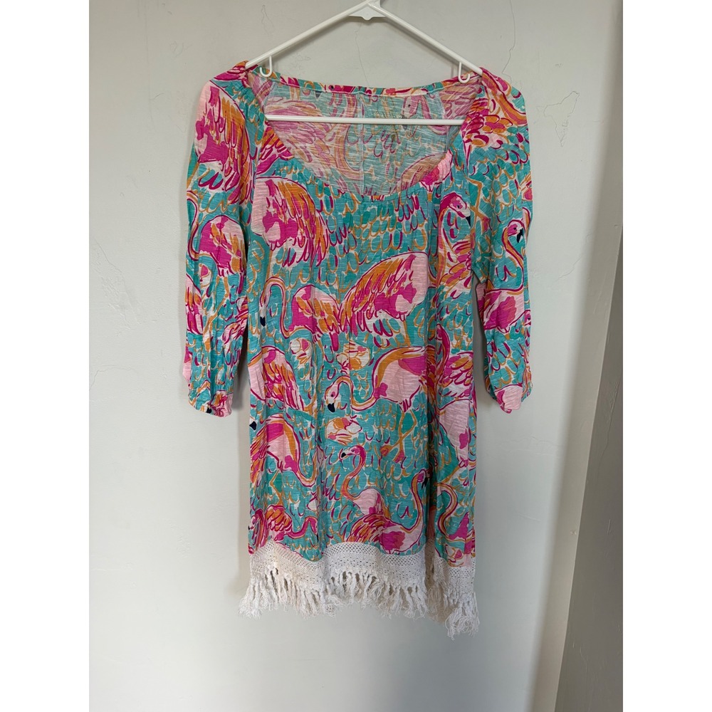 Lilly Pulitzer Flamingo Print Cotton Tunic Dress Fring Crochet Trim XS Pink Teal